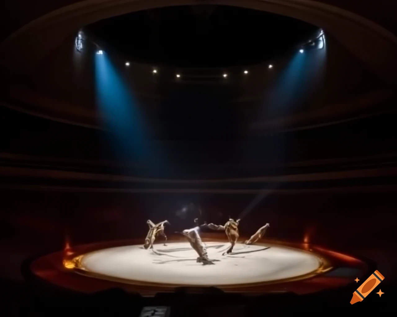 Low-angle shot of acrobats performing above in a sand-covered arena with burning ropes