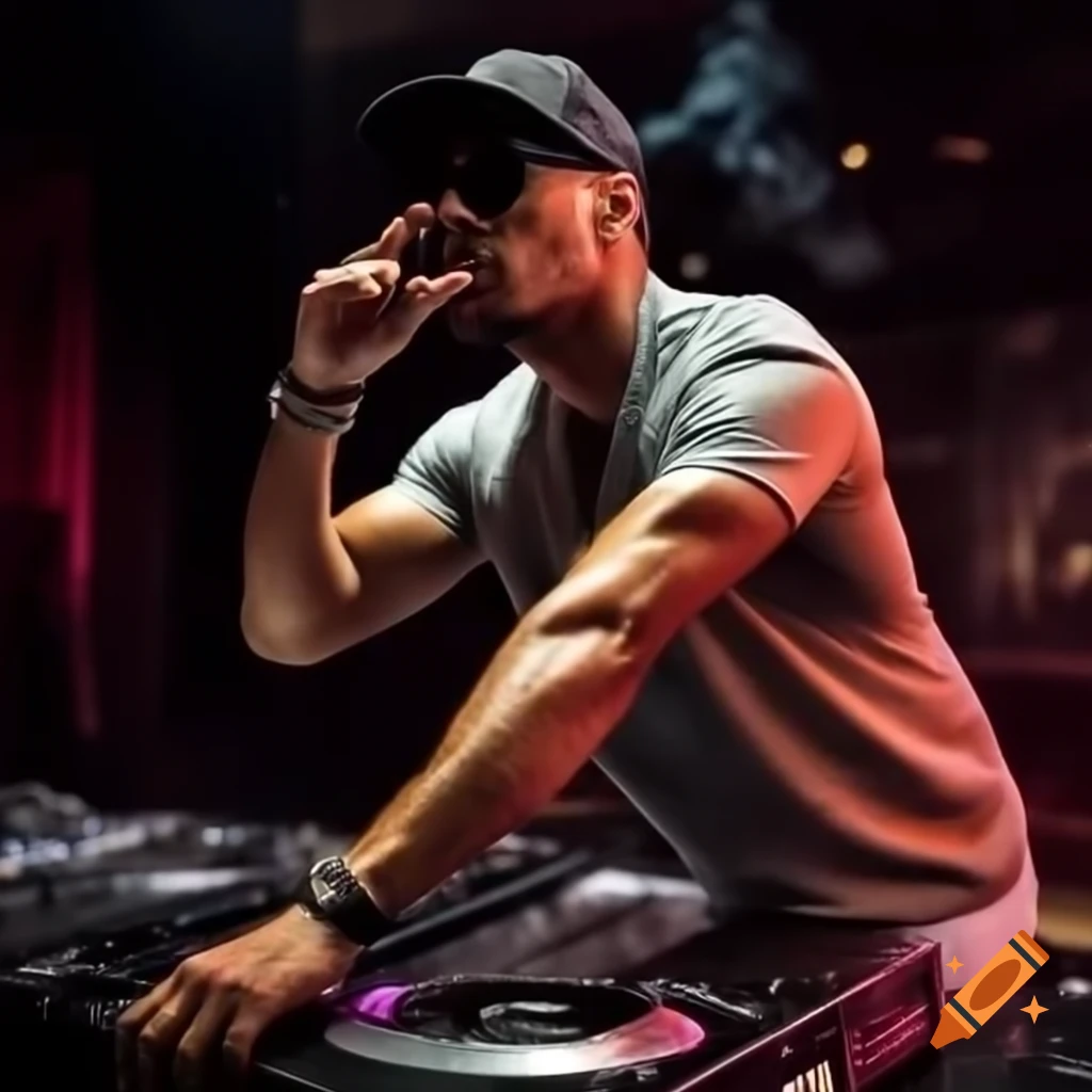 Hardstyle DJ with muscular build in sunglasses smoking cigar at DJ deck