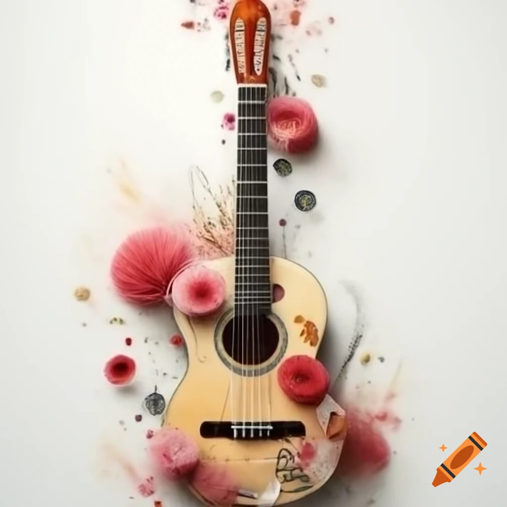 Acoustic guitar adorned with flowers on white background