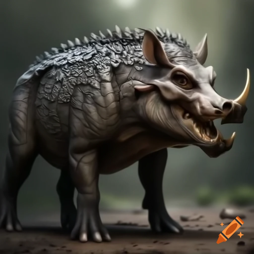 Hyper realistic wild boar-croc creature with tusks and fur