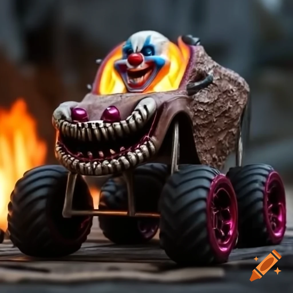Twisted Metal 3 car featuring clown head and large wheels with flames