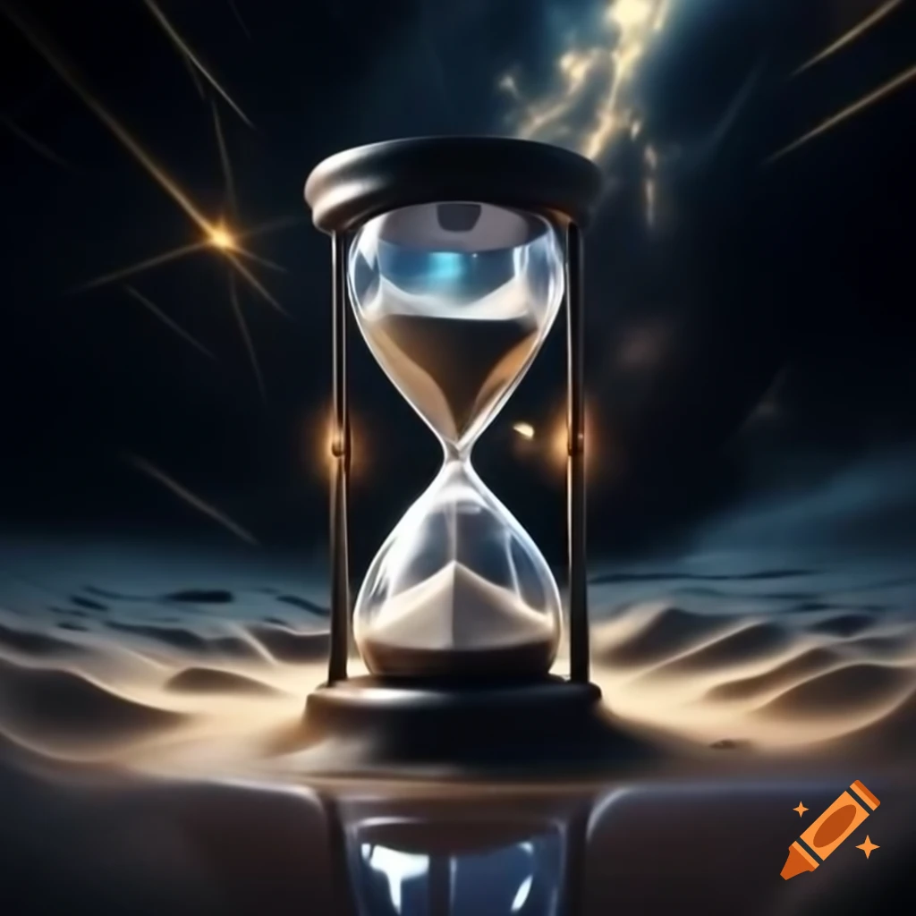 Hourglass in mythical realm with light beams and liquid gold sand