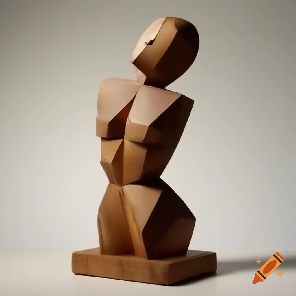 Cubist sculpture of female figure in rough painted wood