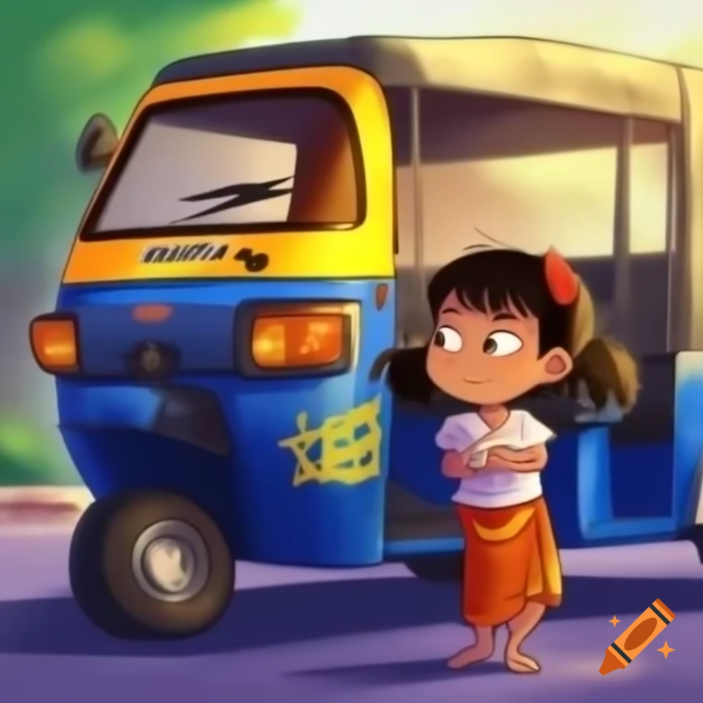 Girl in Thai costume with SUBARU R1 asking 'TUK TUK?' in comic style