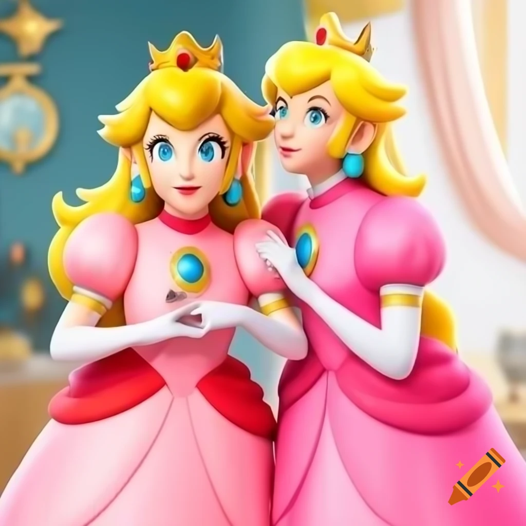 Link as princess peach in pink ballgown on rooftop with city backdrop