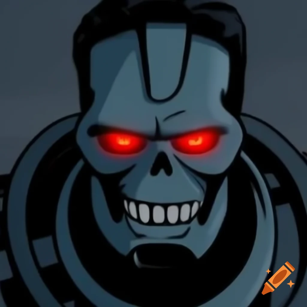 Cartoon version of Terminator with glowing red eyes in comic book style