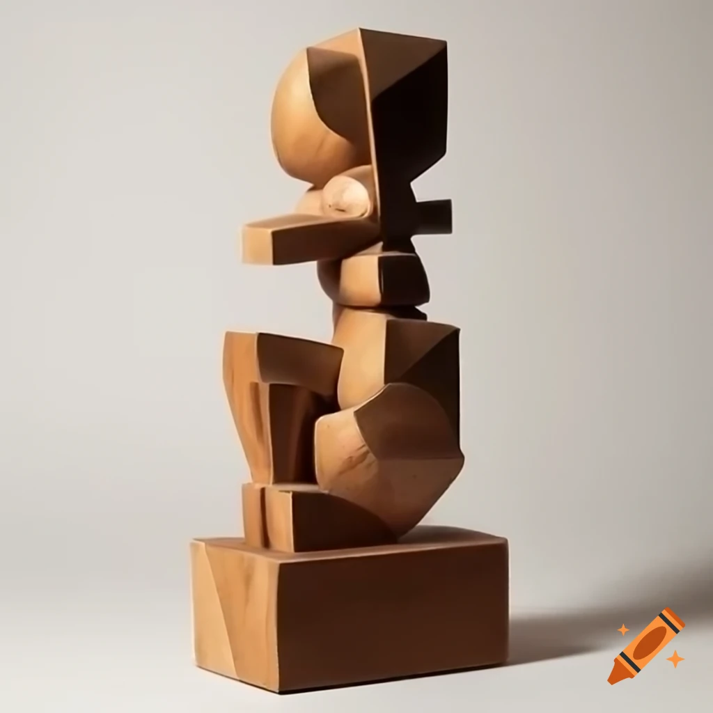 Cubist sculpture of a female figure crafted from rough painted wood