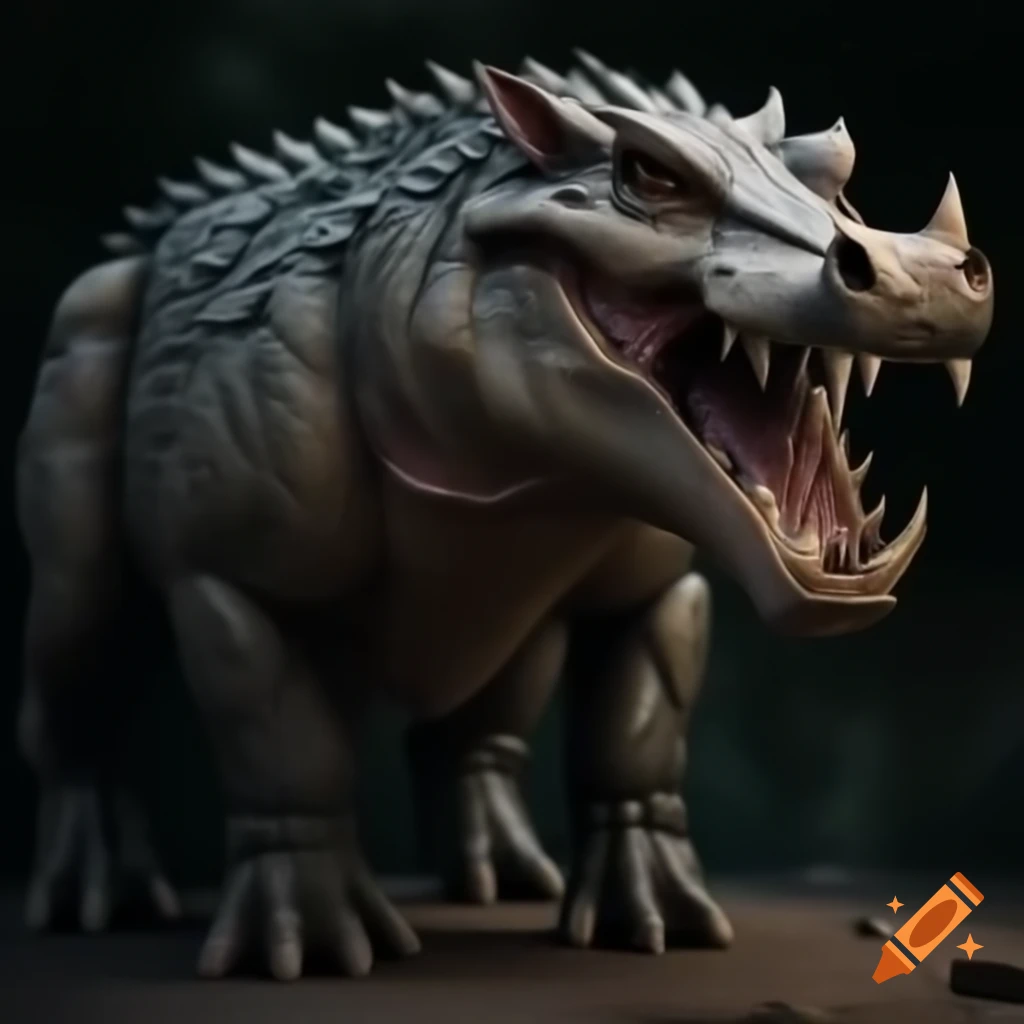Hyper-realistic wild boar-croc fantasy creature with prominent tusks