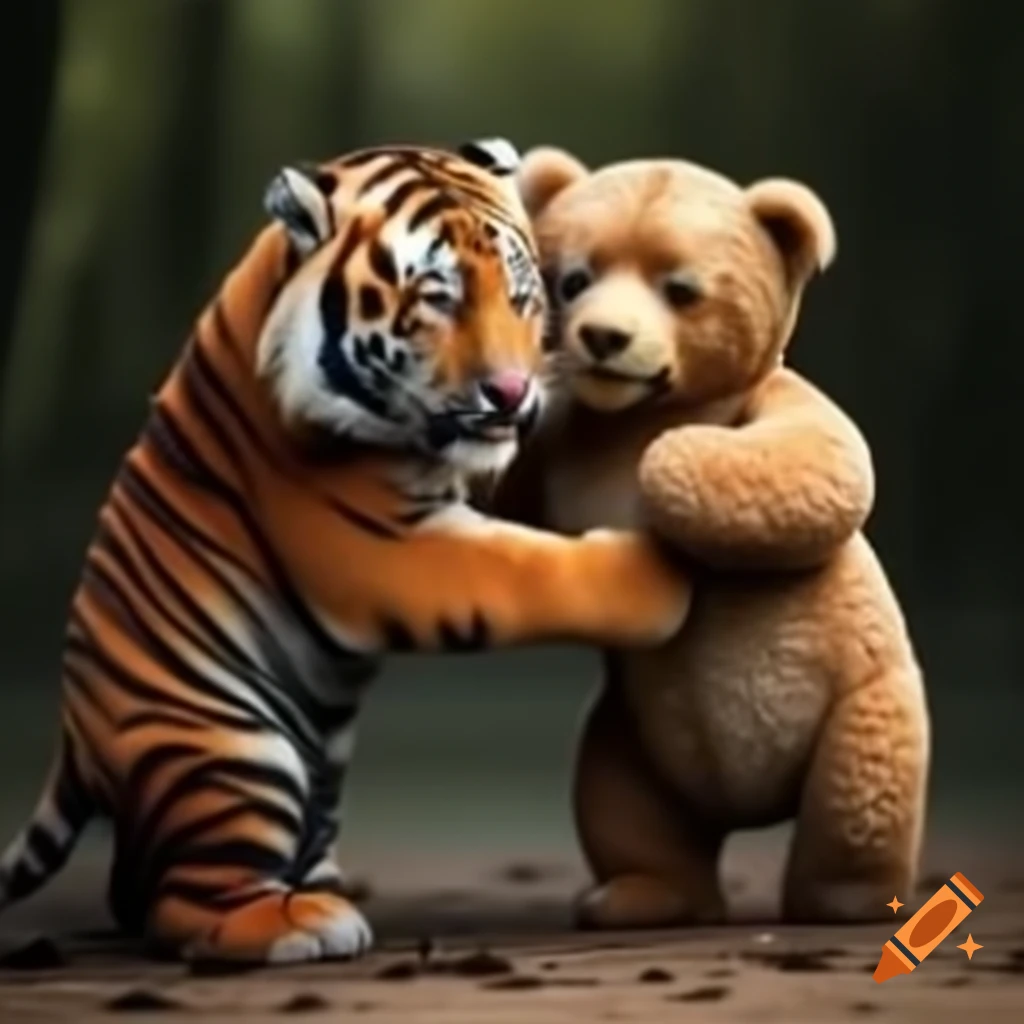 Tiger and teddy bear playfully interacting