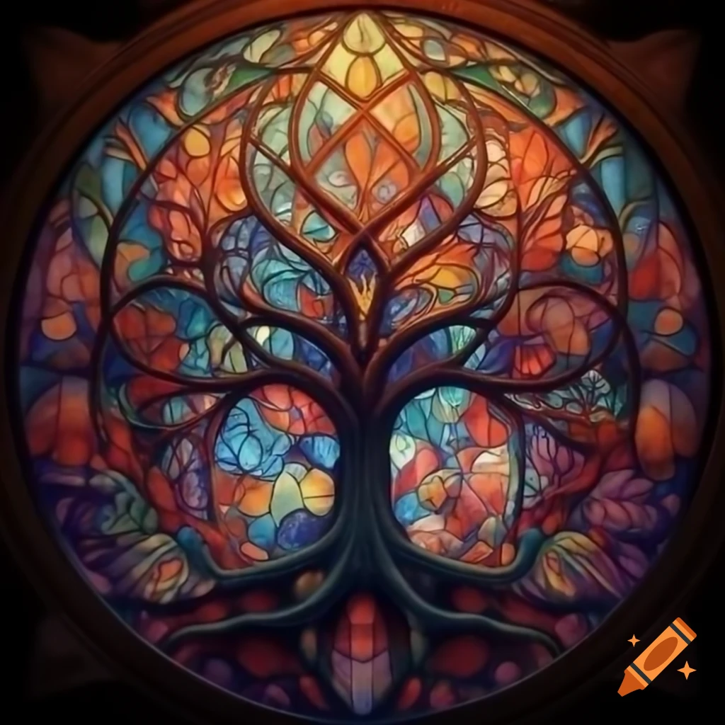 Tree of life surrounded by gothic flowers in vibrant stained glass