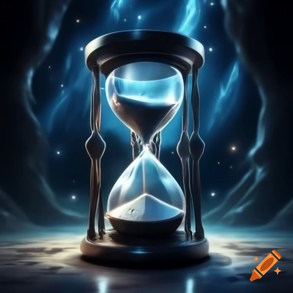 Hourglass in mythical realm with beams of light