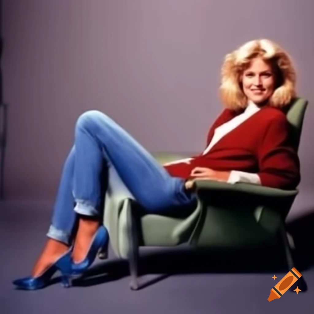 Austrian woman in high heels sitting on fashion sofa in Italian Alps, smiling