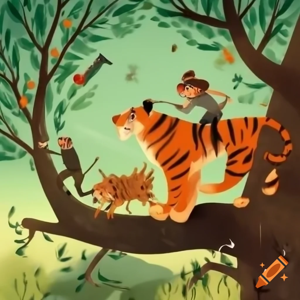 Illustrative poster showing tree cutting and tiger hunting scenes