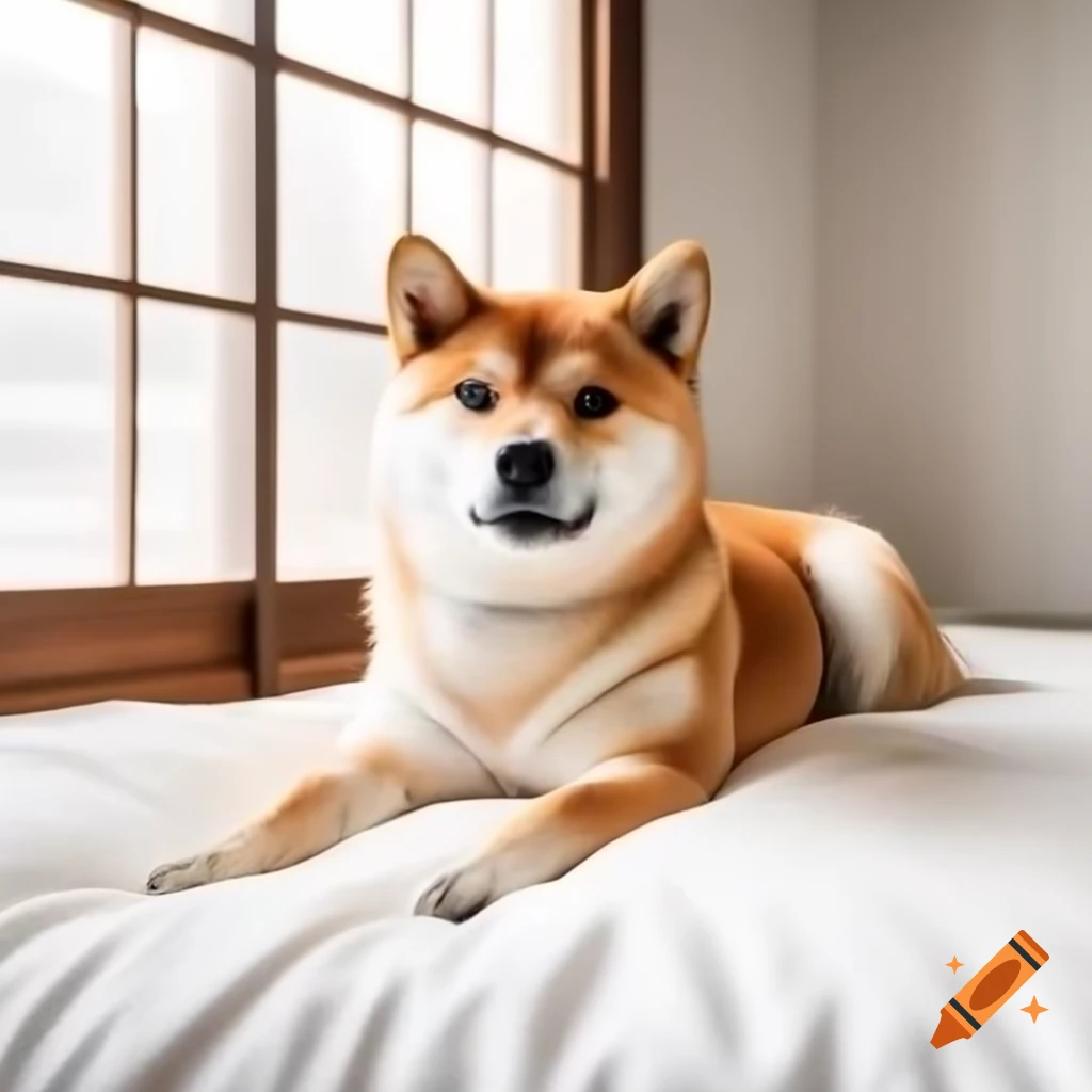 Shiba Inu dog resting on white bed in sunny Japanese room