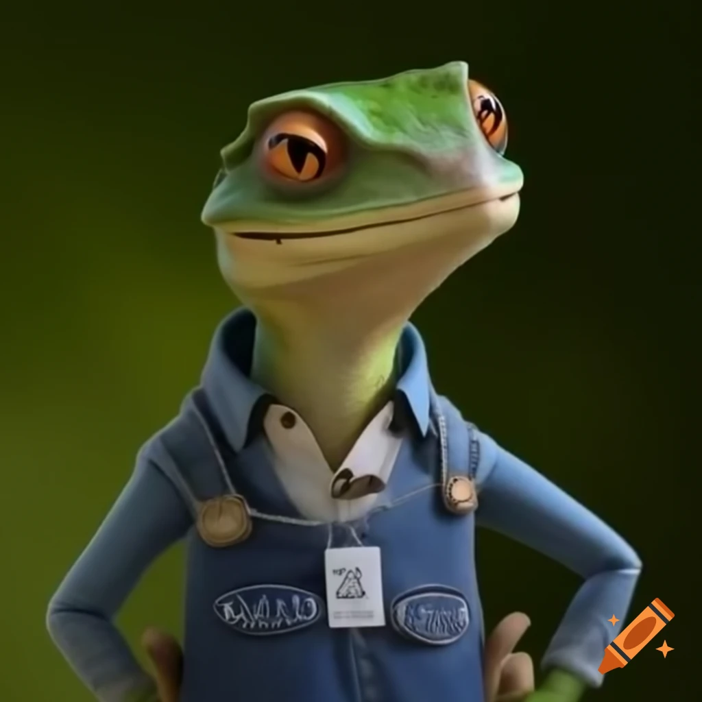 Lizard woman wearing jeans and shirt with name tag Helena