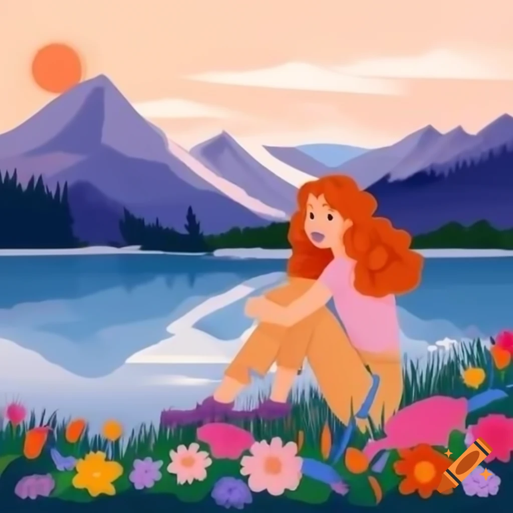 Girl with curly hair surrounded by flowers sitting by colorful lake at sunset with mountains