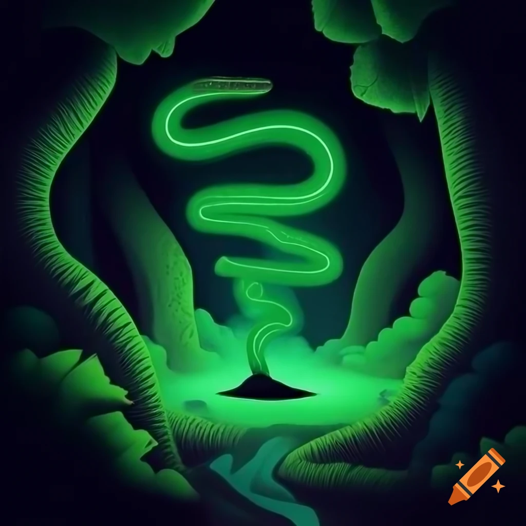Hypnotic neon green serpent slithering through psychedelic forest