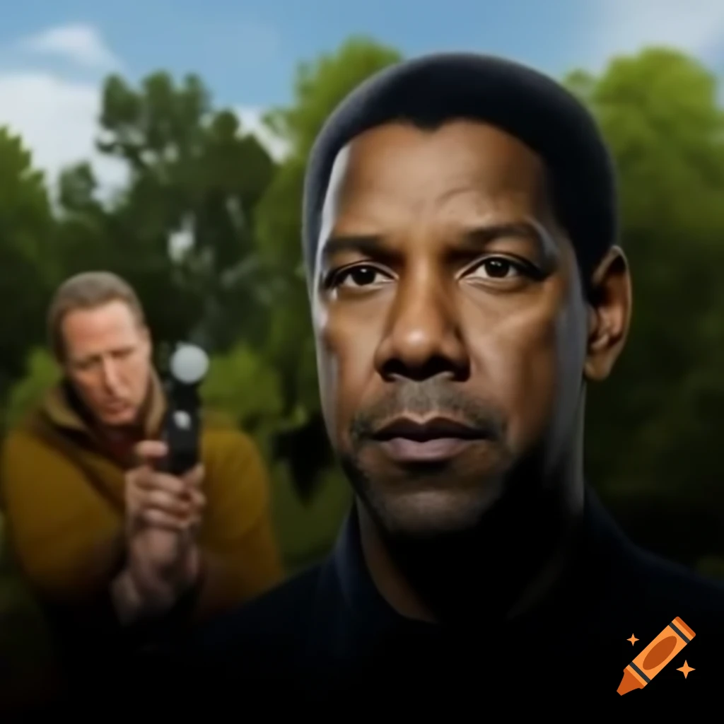 Denzel Washington in a realistic scene surrounded by trees during a shootout
