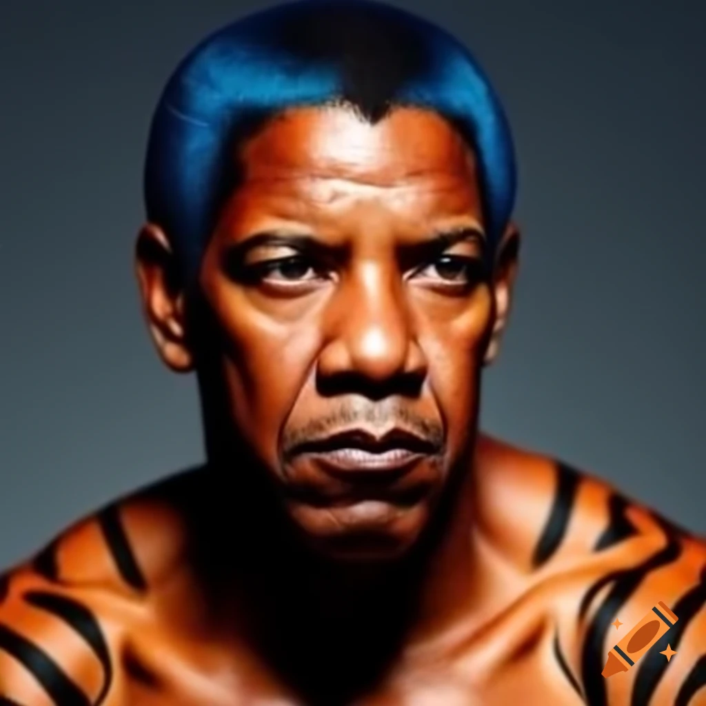 Muscular man with tiger-style makeup features, blue hair and orange skin with black stripes