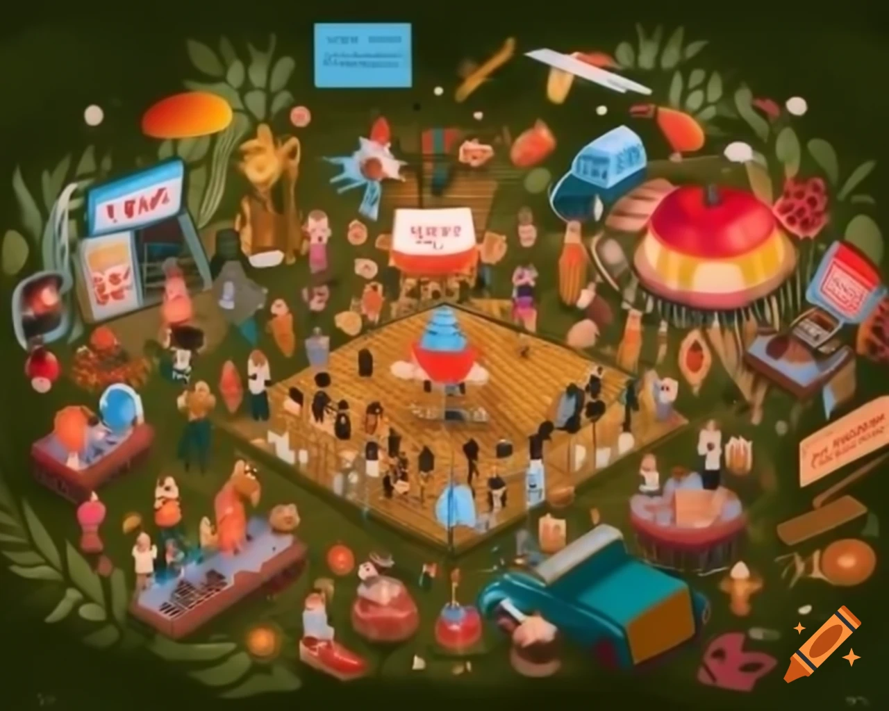 Uplifting festival scene with people enjoying live music, dancing, and yoga activities