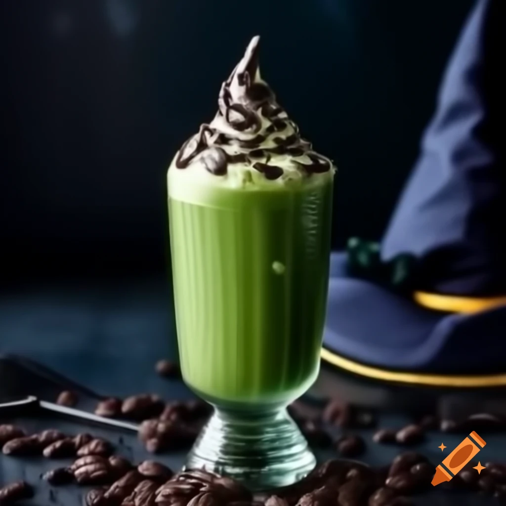 Green hot chocolate in glass with witch's hat decoration