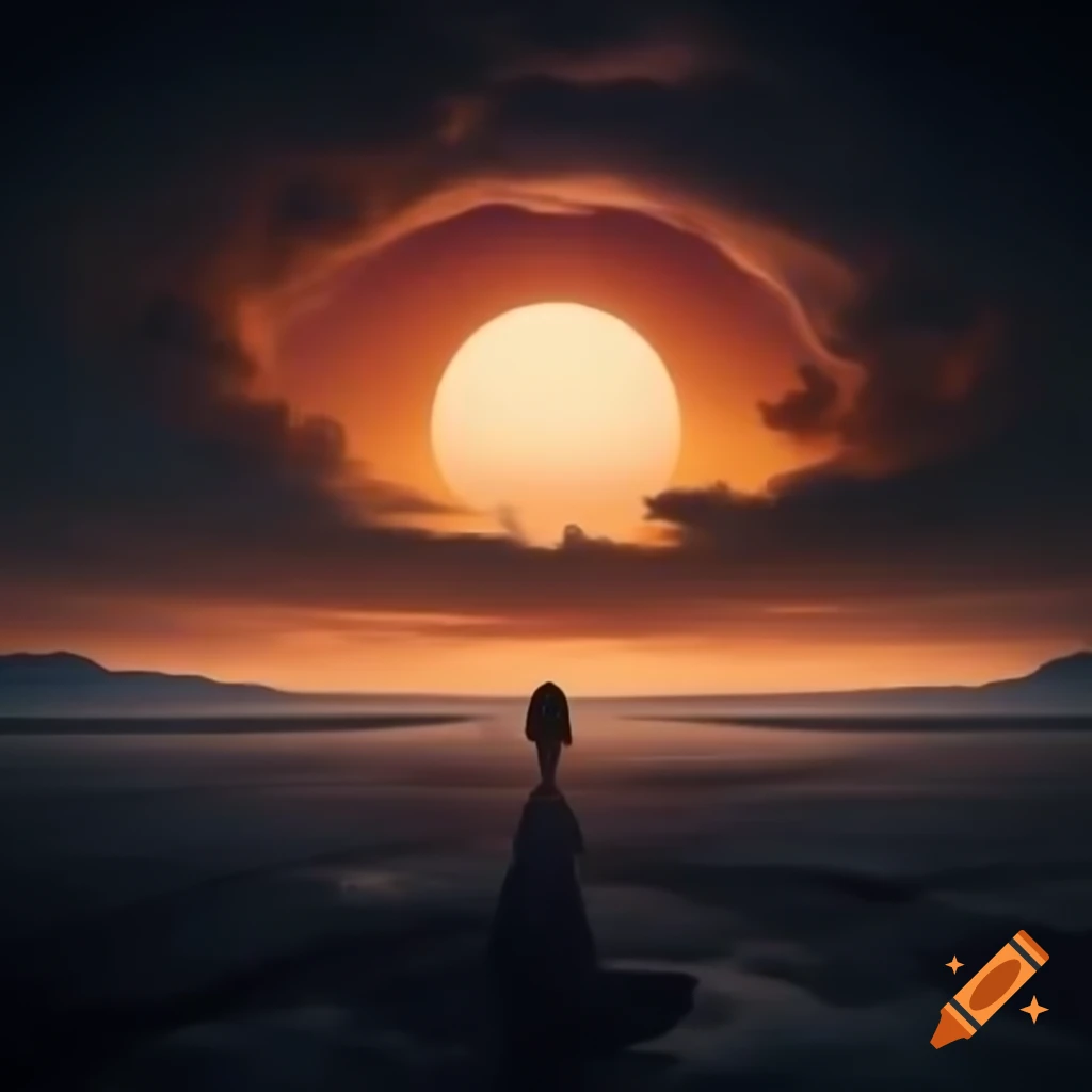Lone sunset warrior in barren arctic wasteland at dusk with golden and pink sky