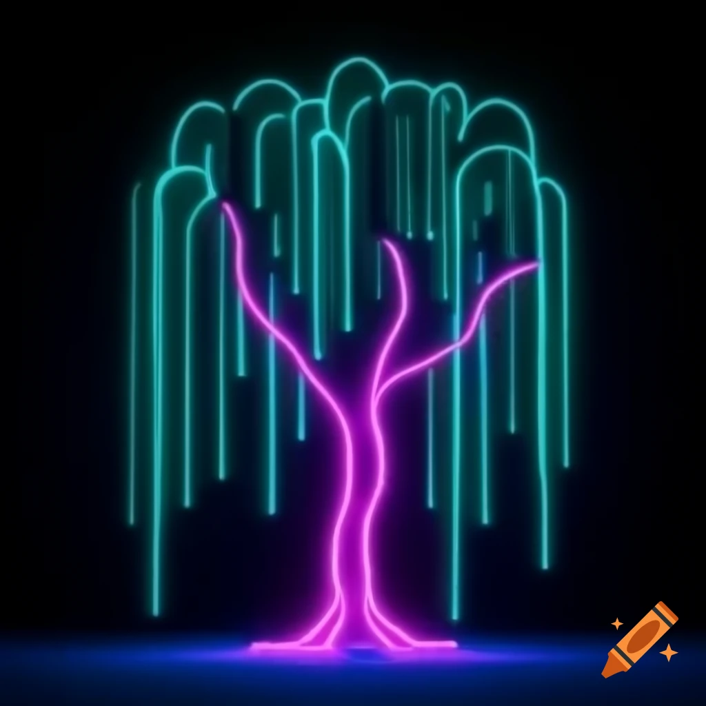 Neon willow tree in blue, green, and pink colors