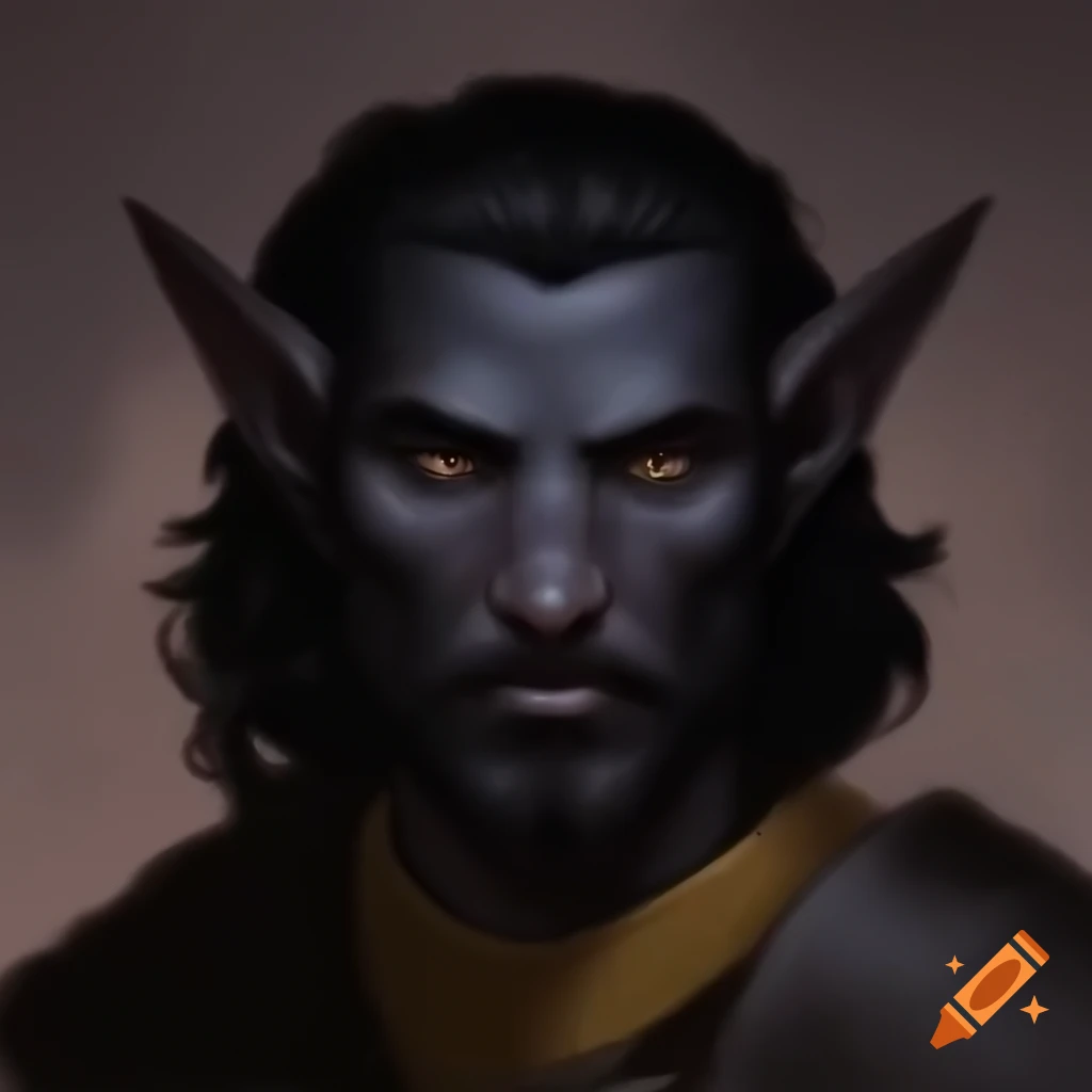Dnd character portrait of black skinned humanoid with wolf ears and