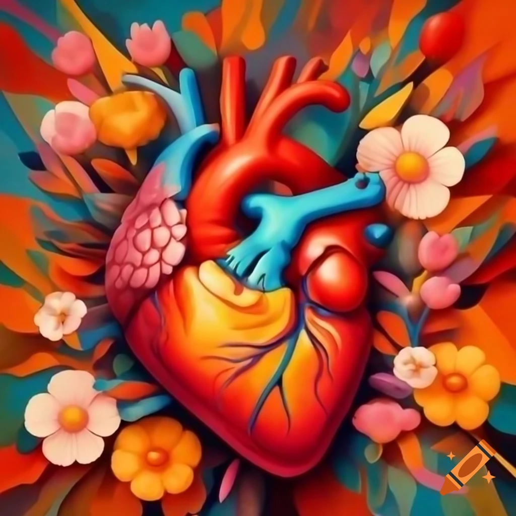 Abstract anatomical heart with flowers blooming, colorful vibrant painting