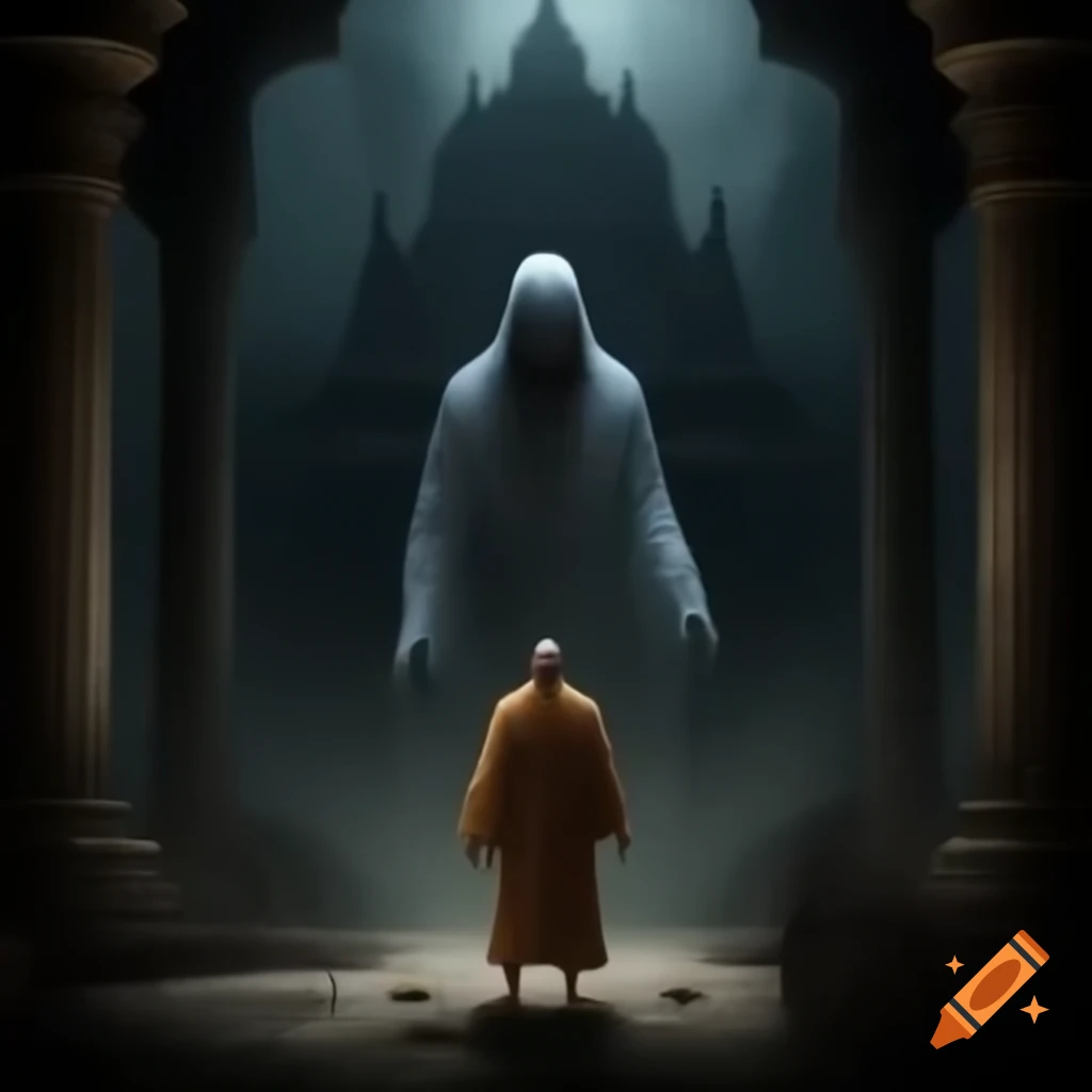 Monk and ghost in dark temple atmosphere at night