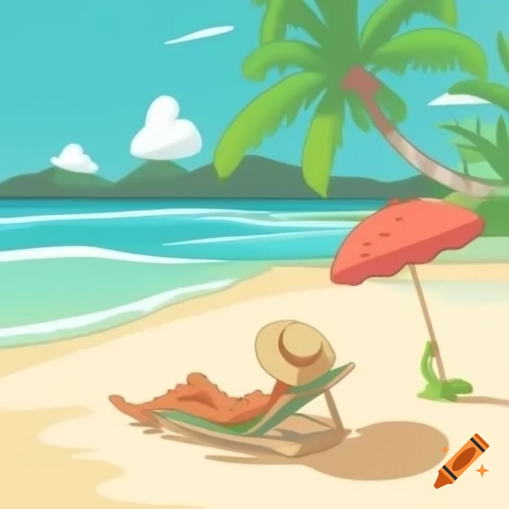 Cartoon scene of relaxing on a beach with cocktail