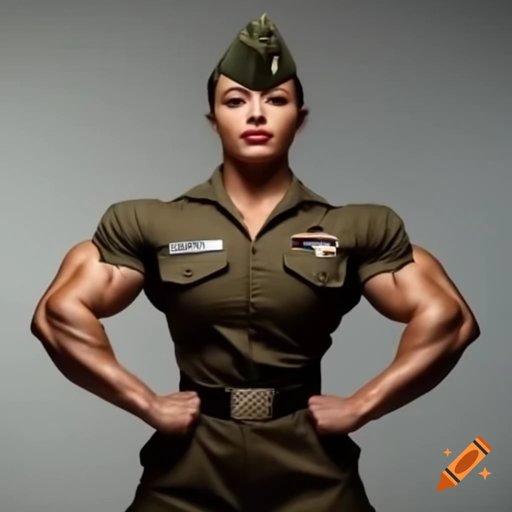 Strong female bodybuilder in military uniform