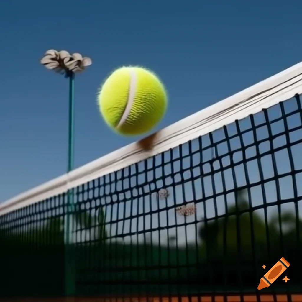 Tennis ball in mid-air approaching the net