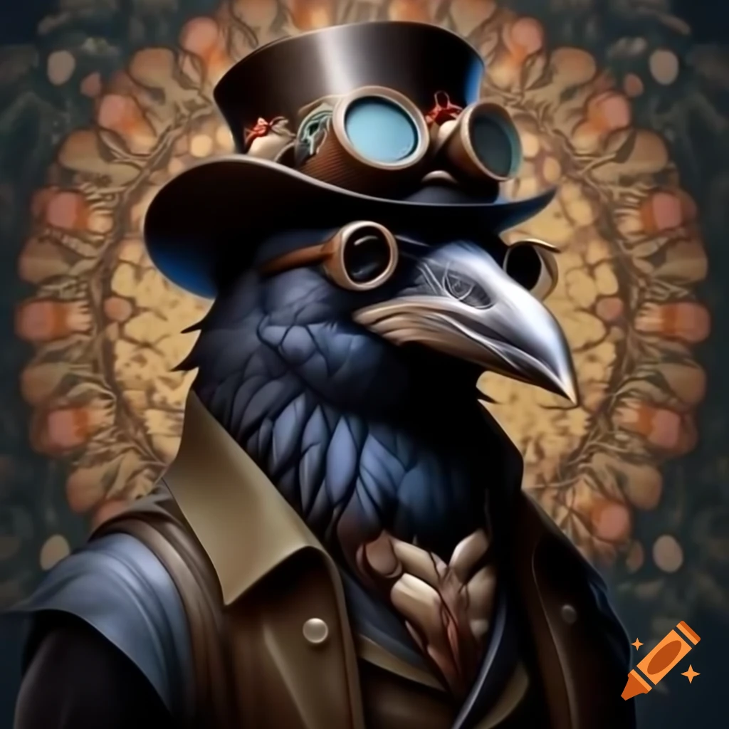Steampunk crow in top hat and goggles against bohemian floral mandala