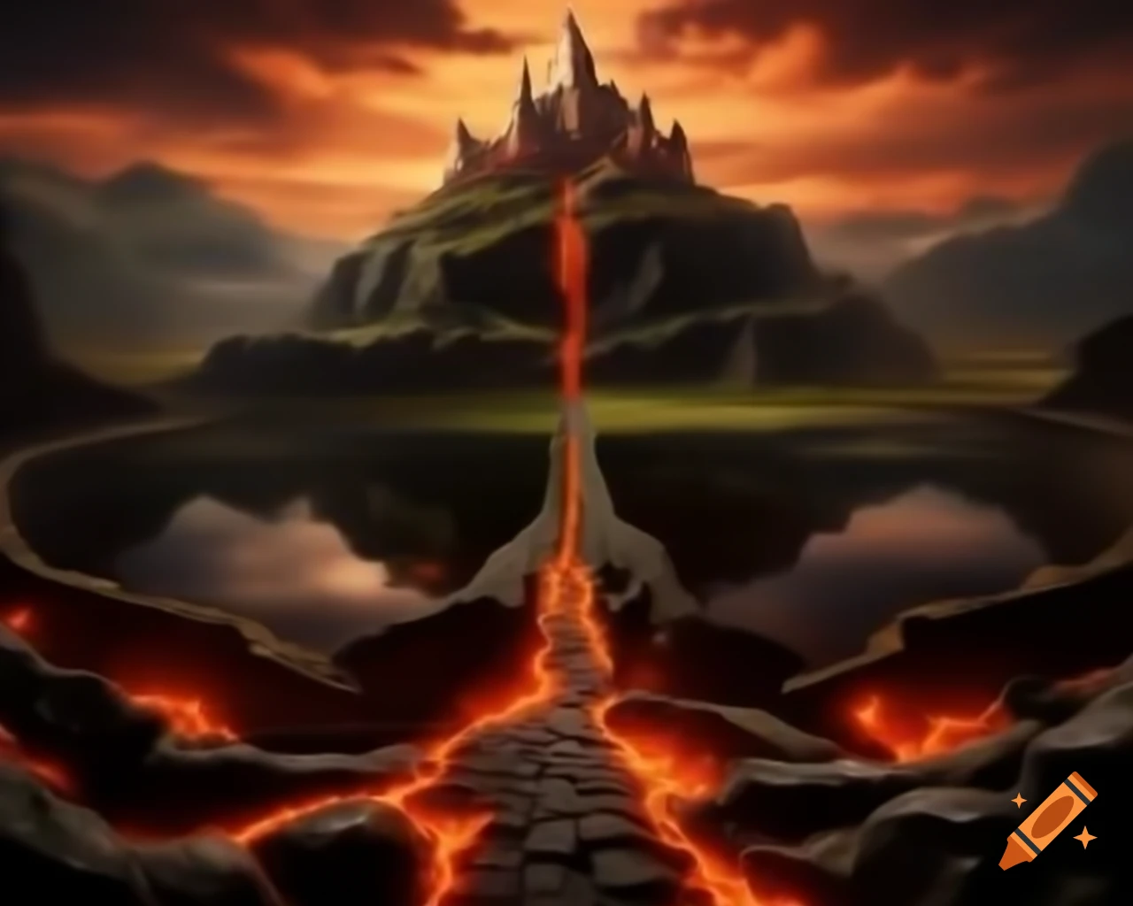 Gamer castle encircled by lava moat and cobblestone racetrack
