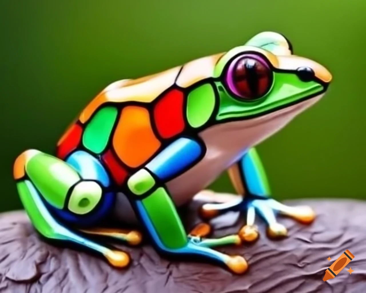 Vibrant stained-glass frog in various colors on smooth countertop