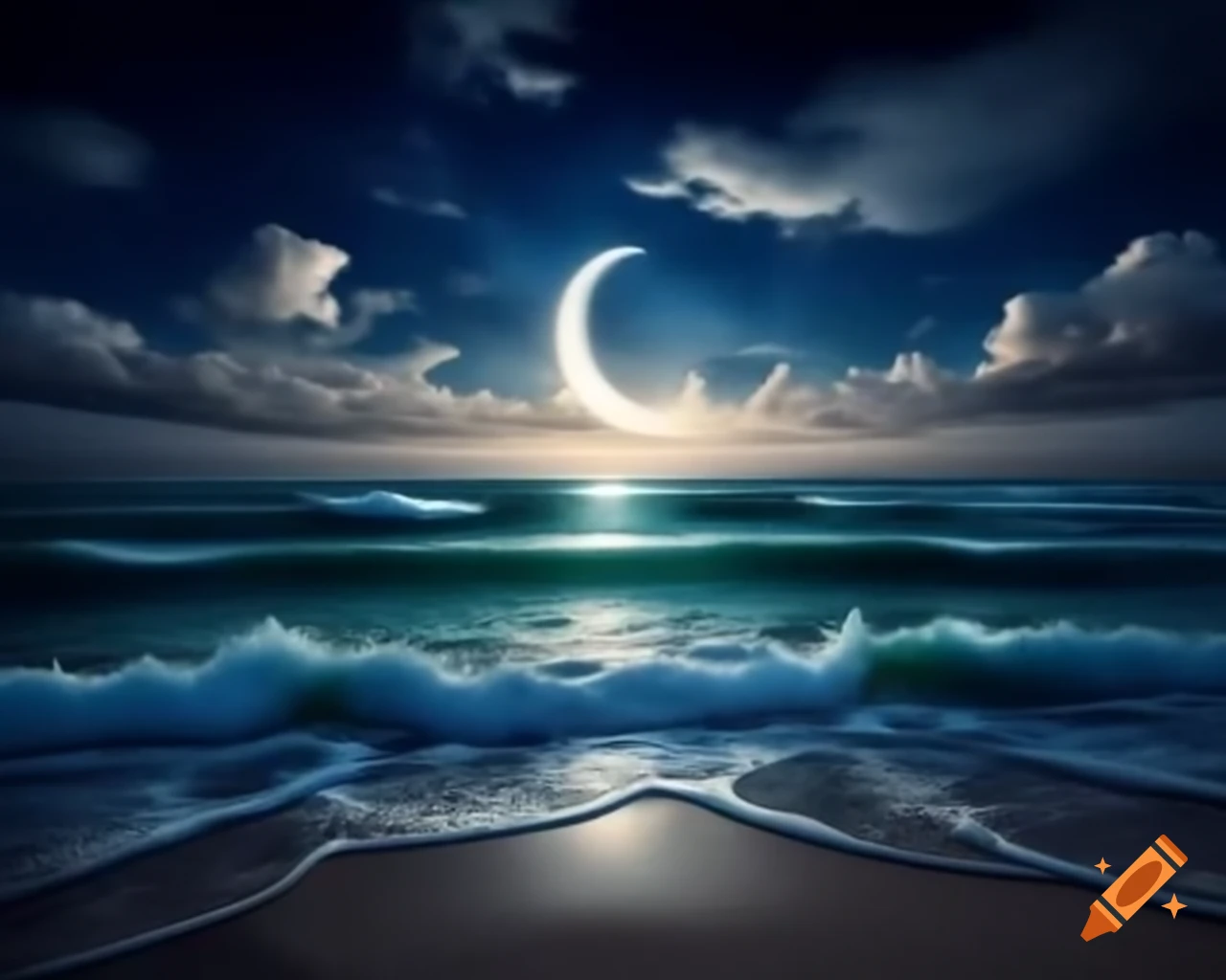Ocean view at night with auroras and drifting Japanese lanterns