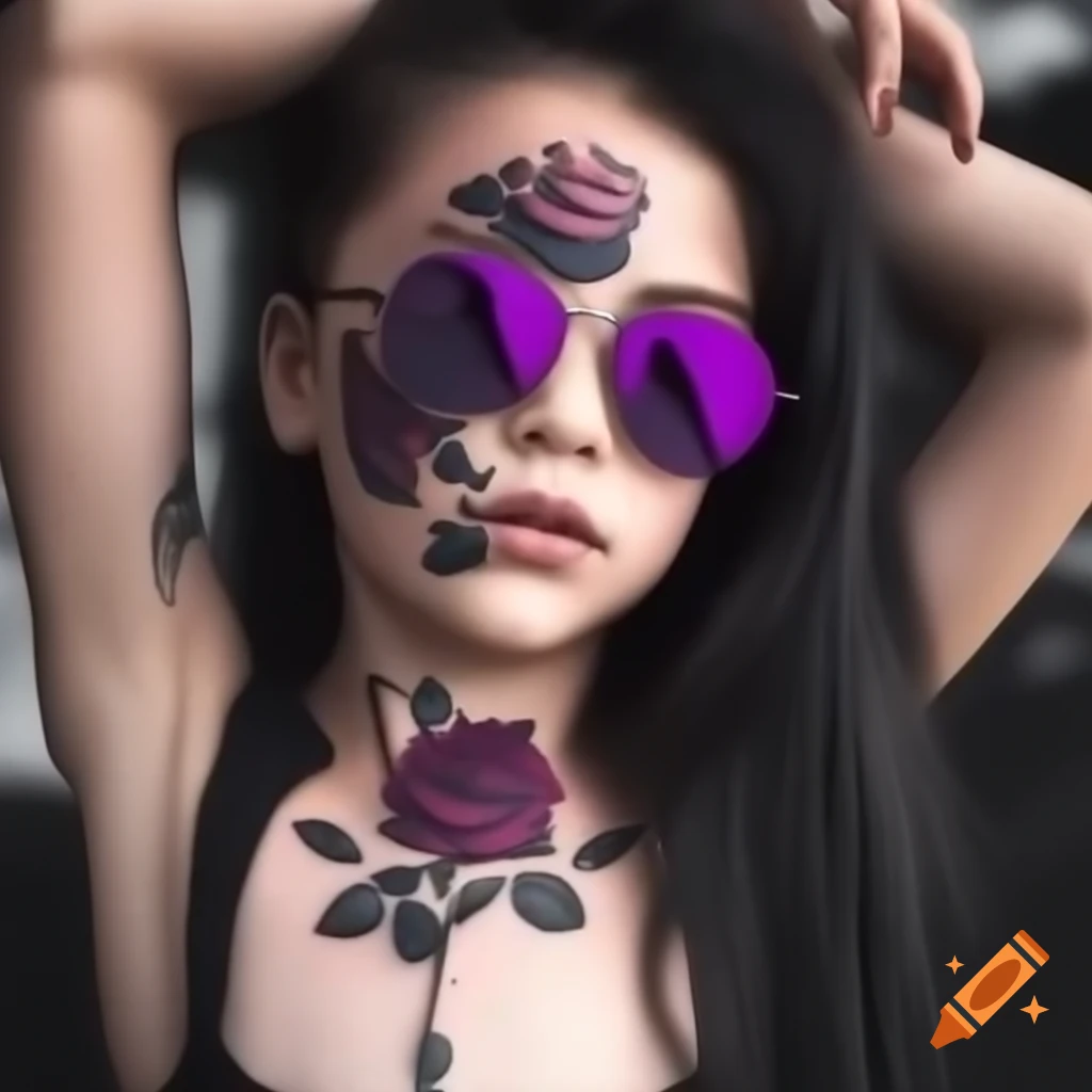 Girl with long black hair and purple sunglasses, featuring black roses tattoo on right arm