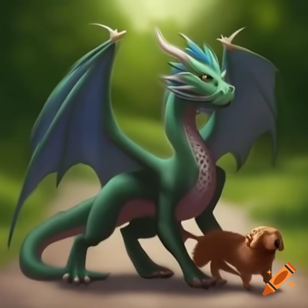 Beautiful dragoness and dog walking together