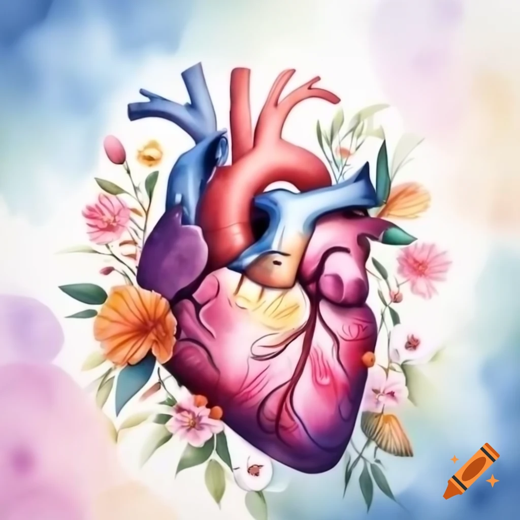 Anatomical heart with blooming flowers in vibrant colors, watercolor style