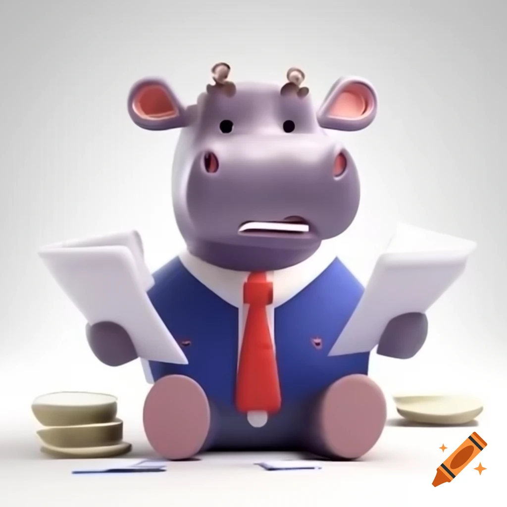 3D cartoon hippo character in uniform managing tax documents against white background