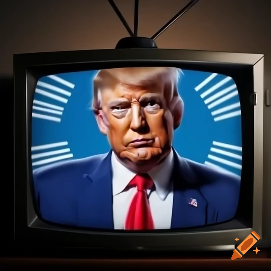 Portrait of a character resembling Trump as Max Headroom on old TV screen
