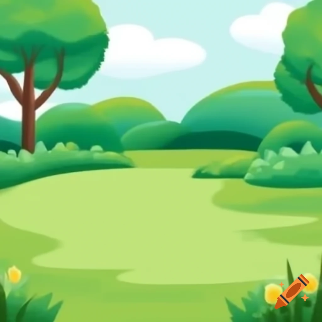 Cartoon style park scene with grass and flowers