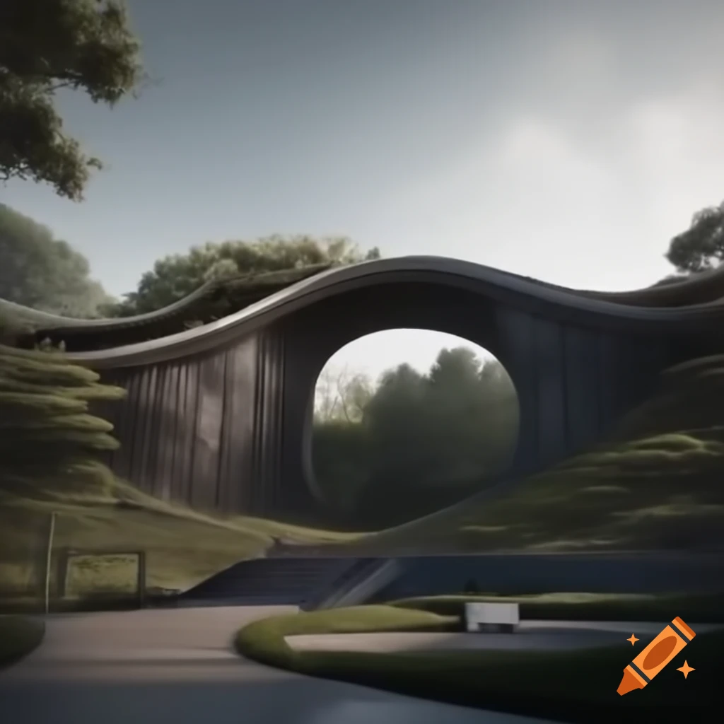 Realistic folly bridge with modern Chinese style in park setting