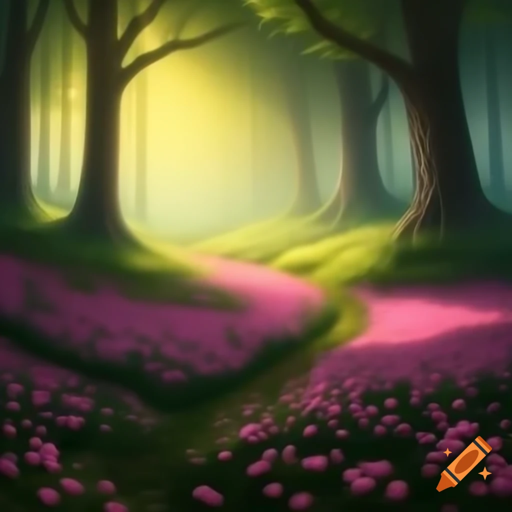 Field of pink flowers in forest with yellow light, fairytale atmosphere