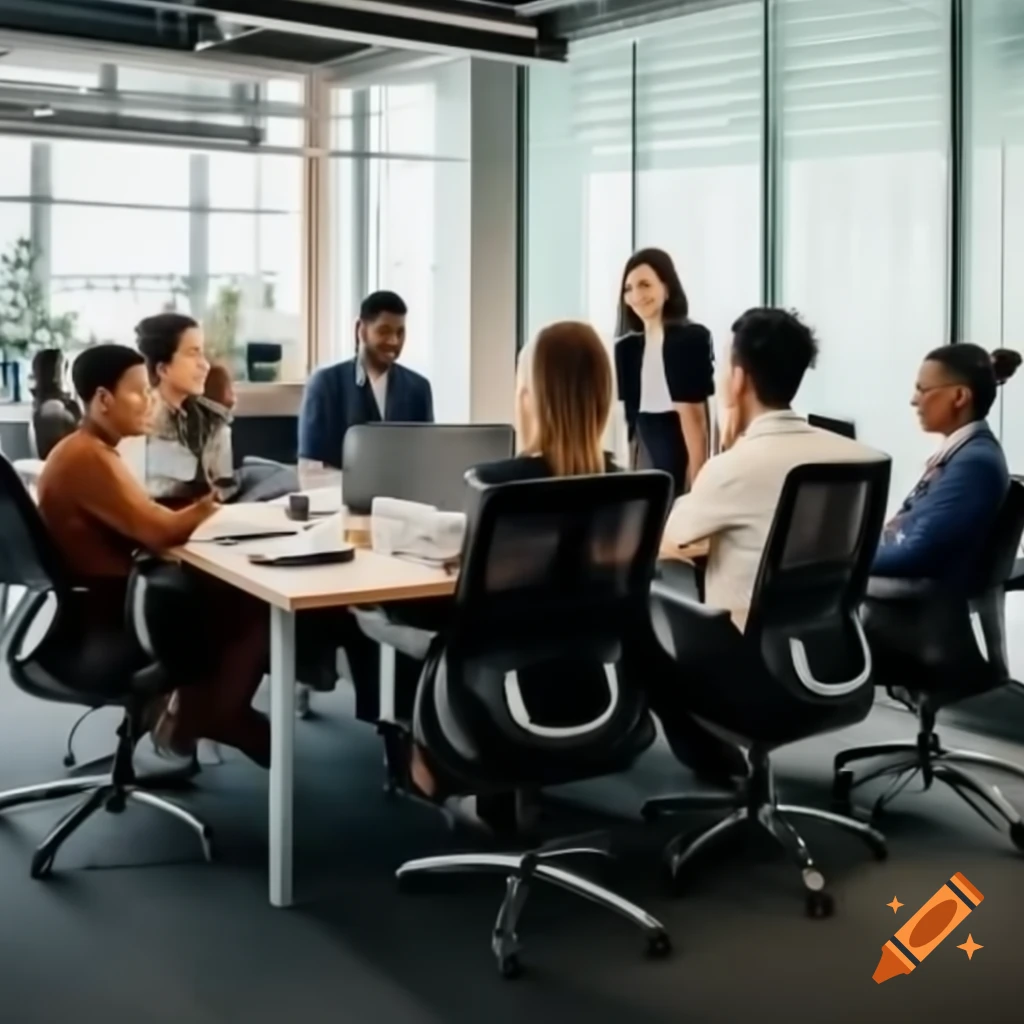 Diverse professionals collaborating in modern office, business attire