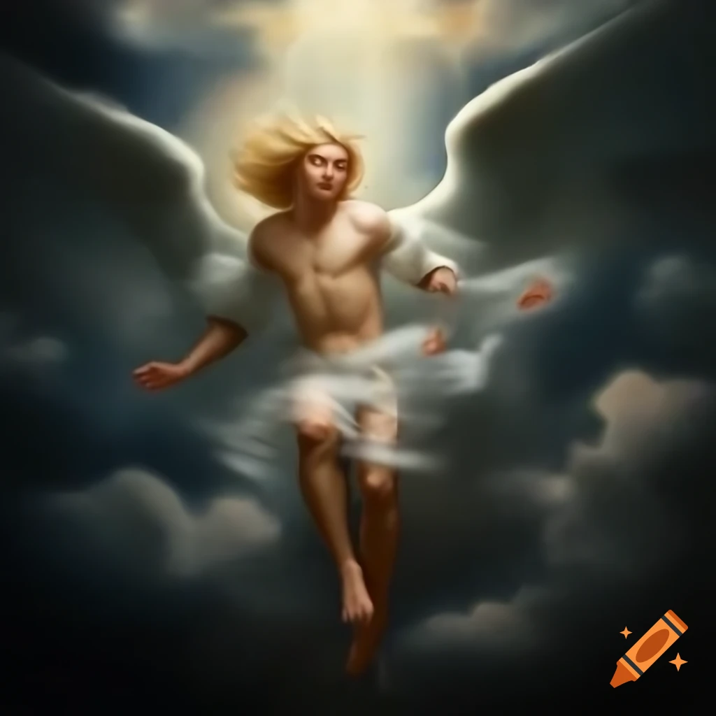 Renaissance painting of long-haired blonde male angel falling from heaven