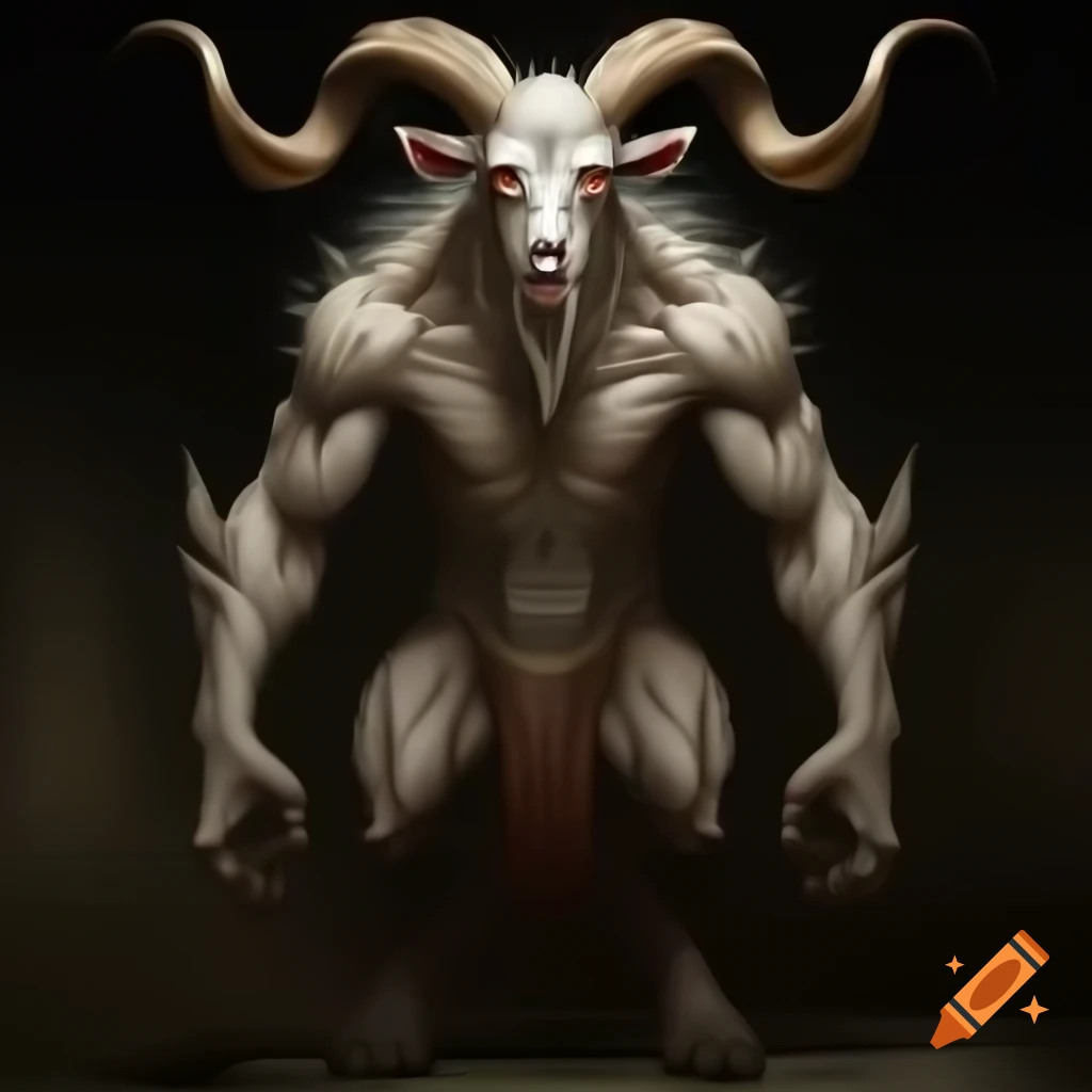 Realistic oil painting of a goat-headed demon with large muscular build and impressive horns