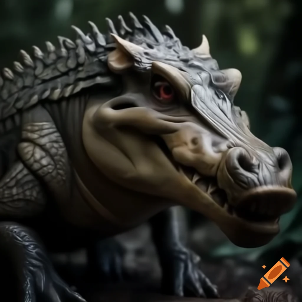 Hyper realistic fantasy creature hybrid of wild boar and crocodile with fur and scales