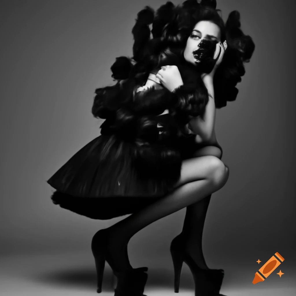 Fashion model in black dress with rose pattern posing thoughtfully